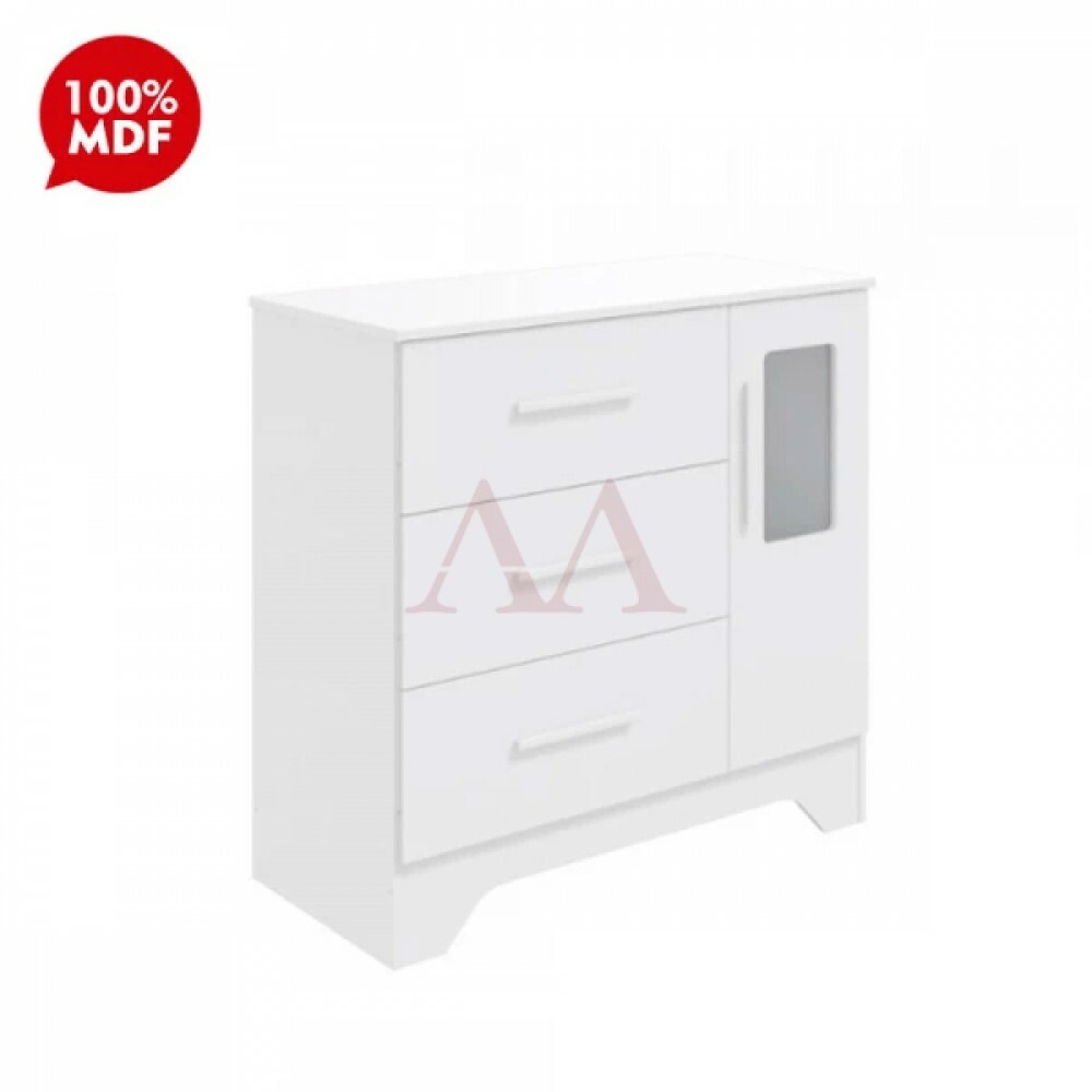 Cômoda 3 Gavetas 1 Porta Abrir Peroba Popy Retro Branco Brilho