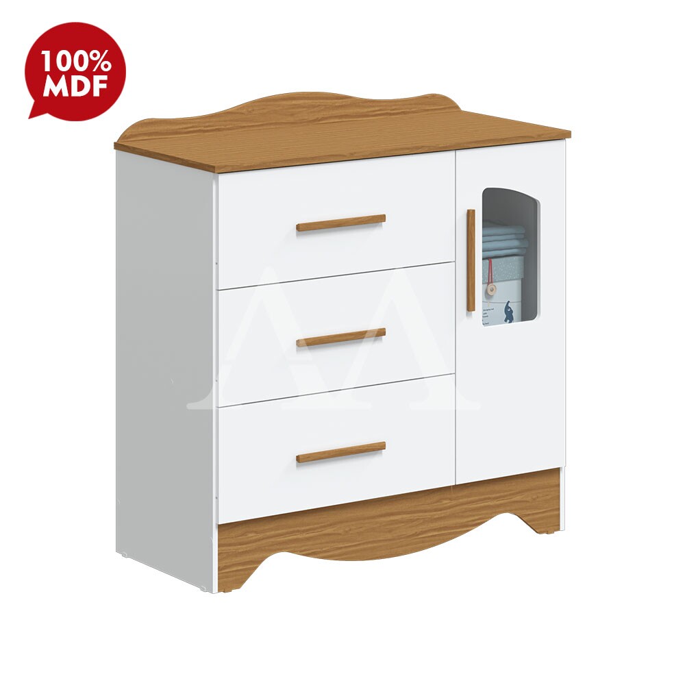 Cômoda 3 Gavetas 1 Porta Abrir Peroba Lisi Plus Branco Brilho/Amendoa