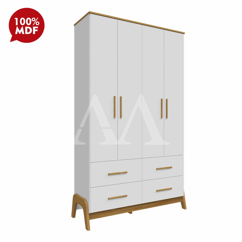 Roupeiro 4 Portas Abrir 4 Gavetas Peroba Guti Retro Branco Brilho/Amendoa