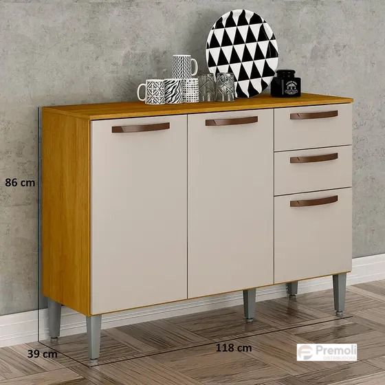 Balcão Maísa 1.18 3 Portas 2 Gavetas Cinamomo/Off White Chf Móveis