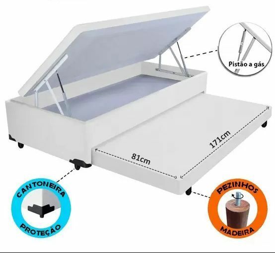 Base Baù Premoli Blindado 88x188x42 Solteiro 2 em1 Auxiliar Cor Branca