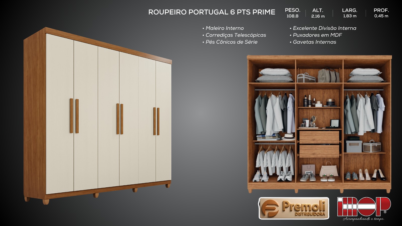 Guarda-roupa Portugal 100% Mdf 6 Portas Prime Cinamomo/Arena Off White Imop