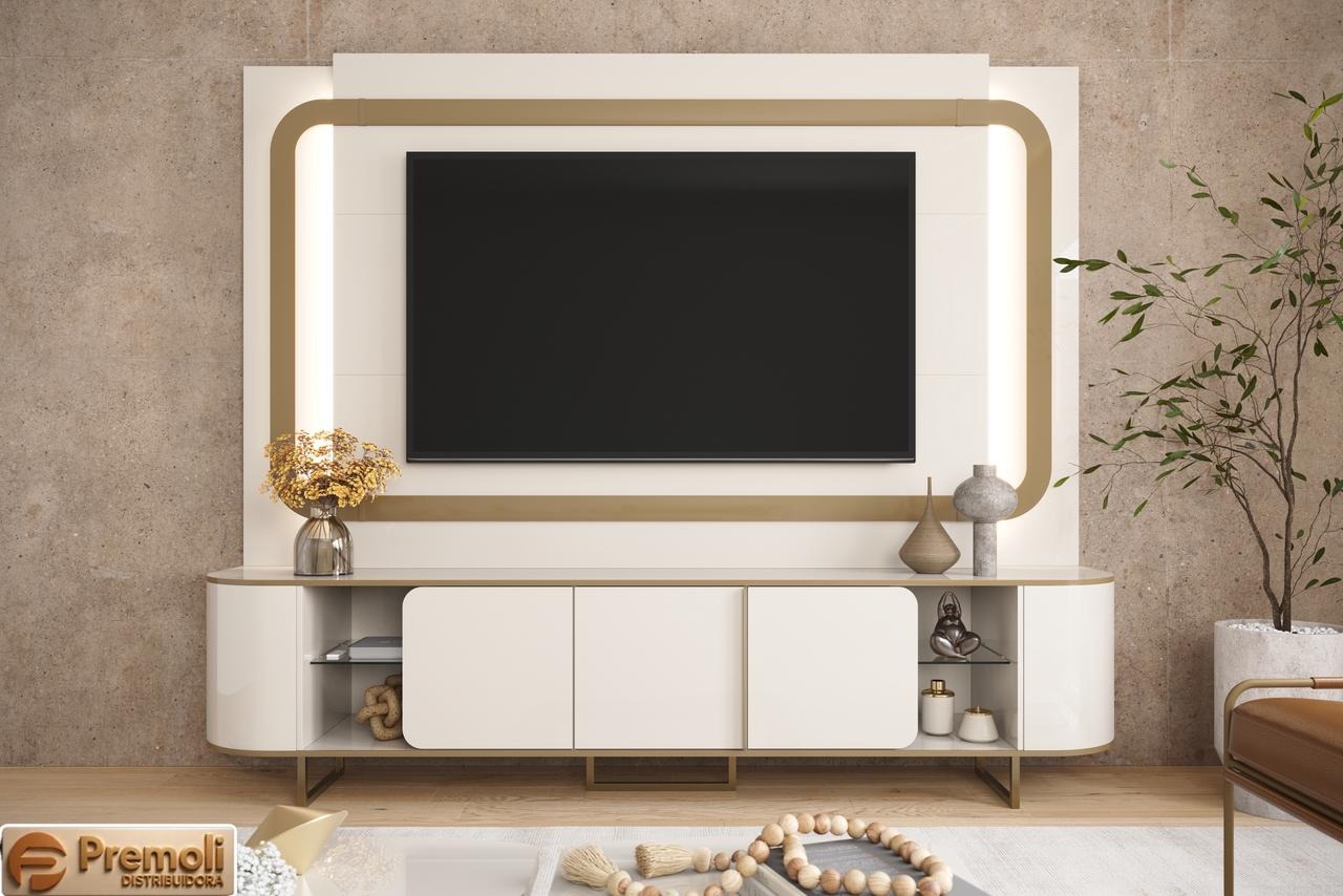 Home Sala 240cm para Tv 75 Pol Atlanta Lukaliam Off White Dourado