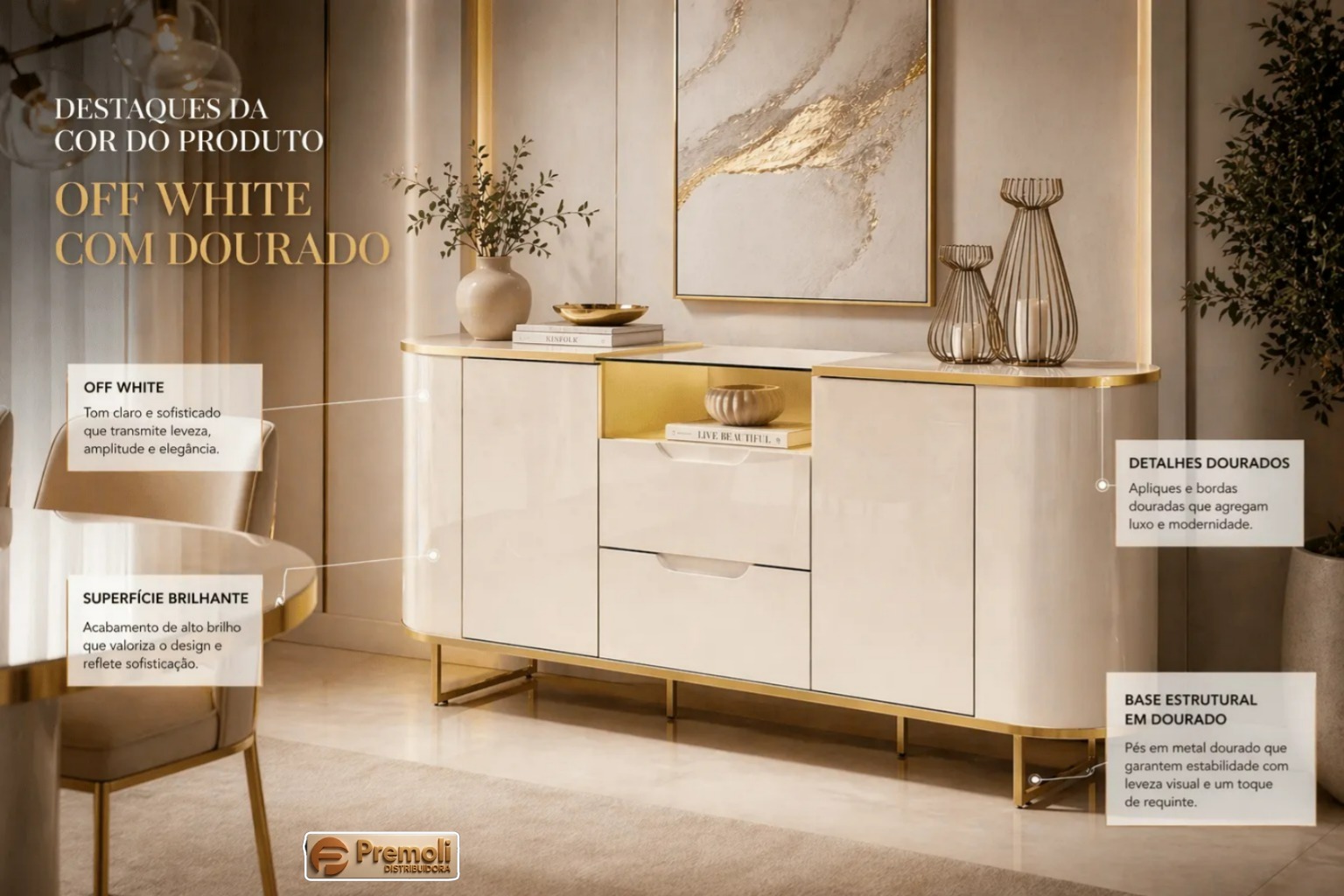 Buffet para Sala de Jantar Atlanta 180cm Off White/Dourado Lukaliam