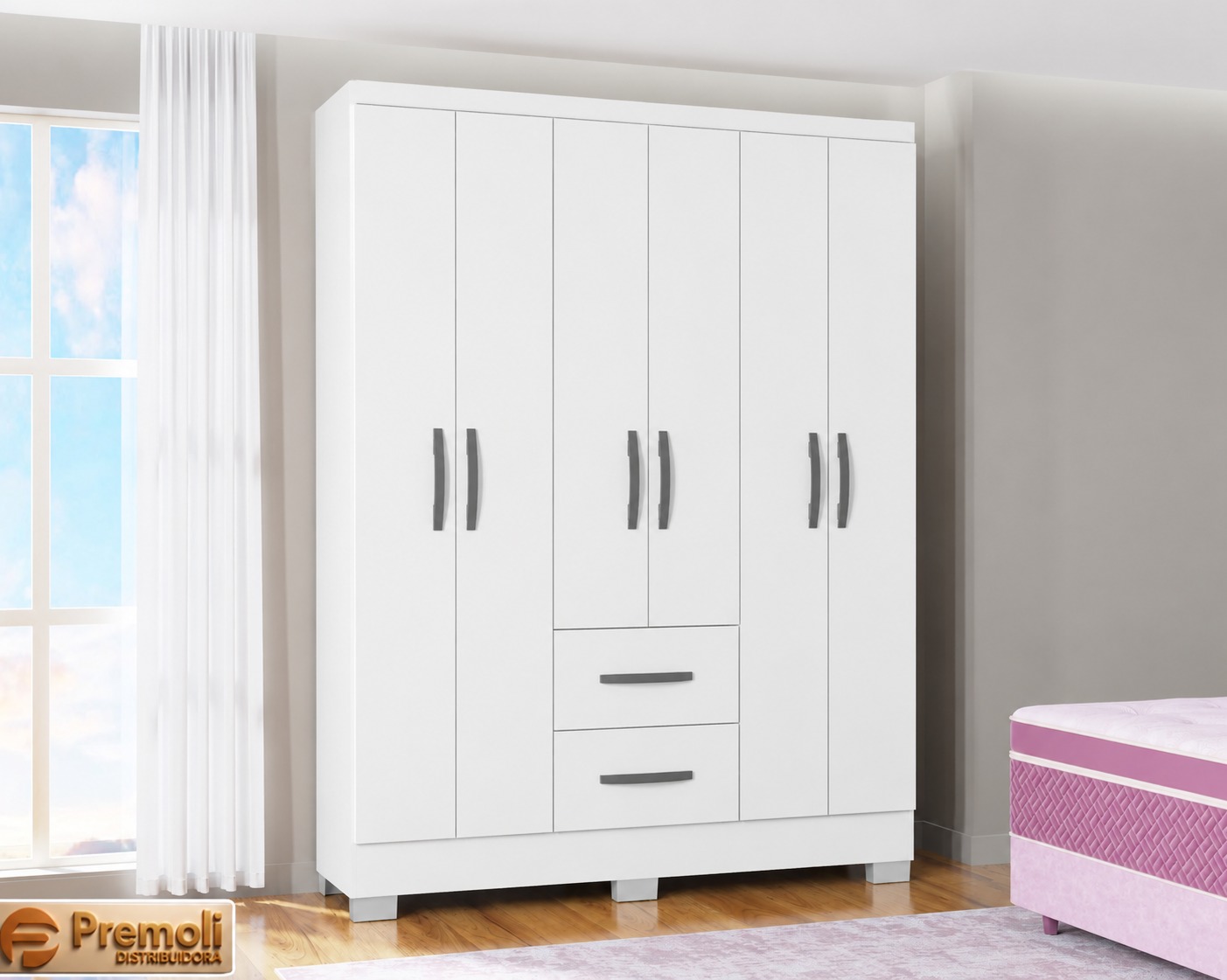 Guarda Roupa Cor Branco Capri 6 Portas e 2 Gavetas Poquema
