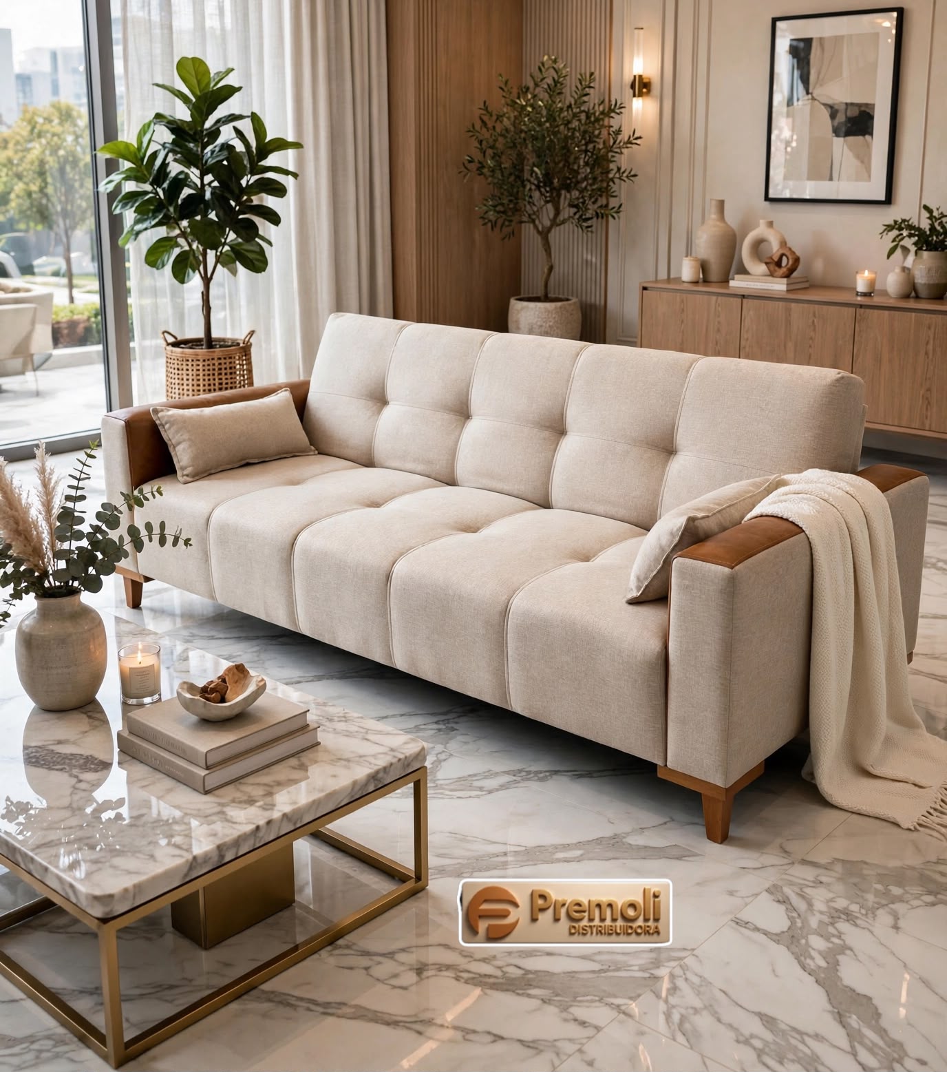 Sofá Cama Assento 10cm Espuma 2.06m Molas Bonel Cor Bege Linho Pés de Madeira Movelart