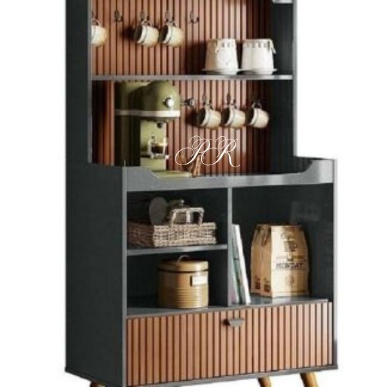 Cantinho Café Rubí Retro Porta Basculante Cozinha Decorada Cor Cinza Perolizado/ Tauri Ripado Pés em Madeira