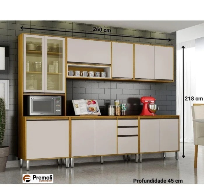Cozinha Eduarda 5 Peças Cristaleira-C/Led Balção 1.20cm /balção 80cm / aéreo1.20cm /aéreo80cm Cinamomo Off Chf Móveis Portas em Mdf