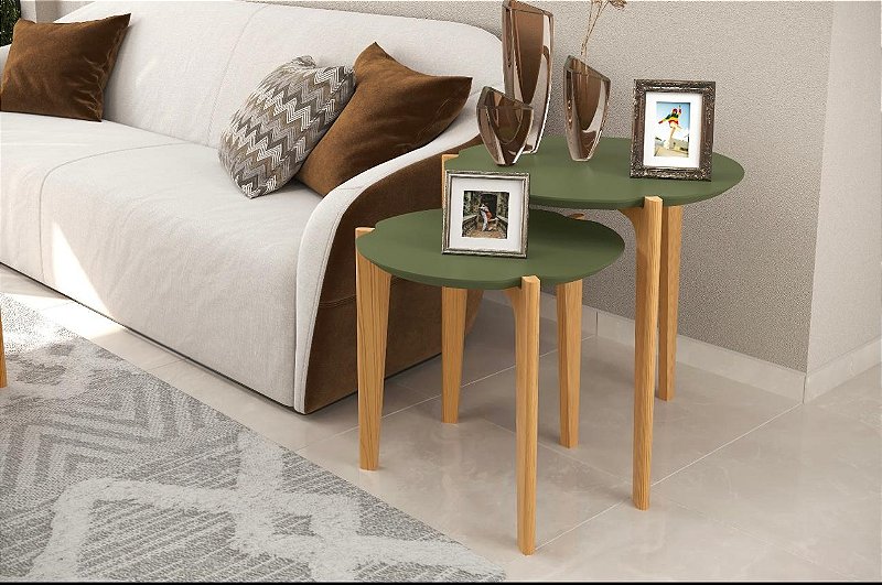 Conjunto Mesa Lateral Florida Cor Verde /Floresta/Freijo Pès em Madeira